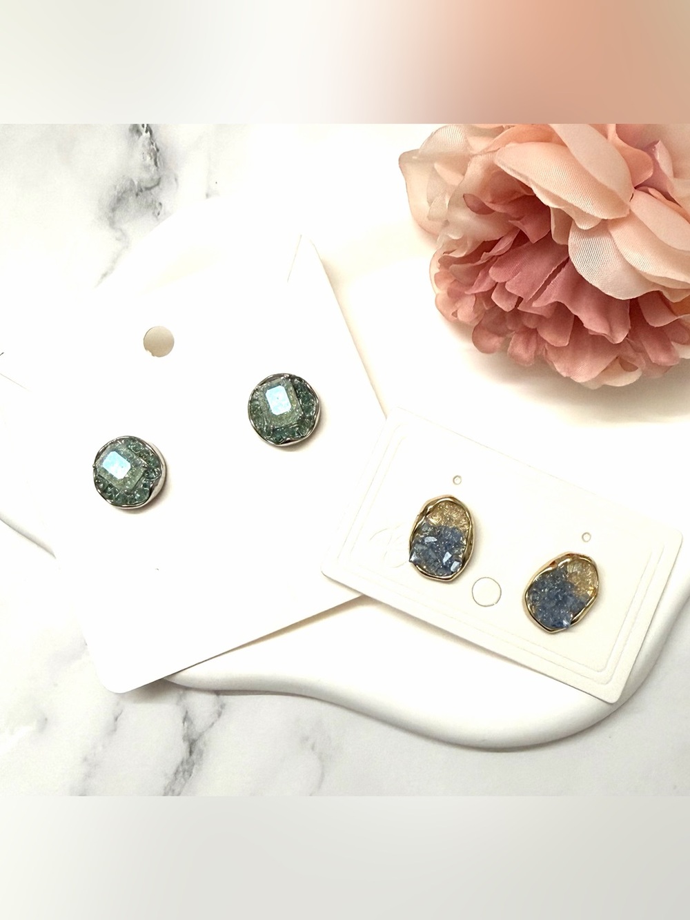 (Two Pairs) Gold-Trim Blue Druzy and Green Stud Earrings